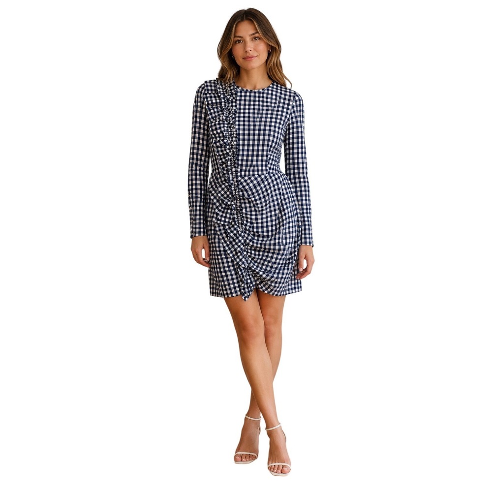 H&M Womens Gingham Ruffle Mini Dress Size 8 Navy Blue White Long Sleeve Ruched